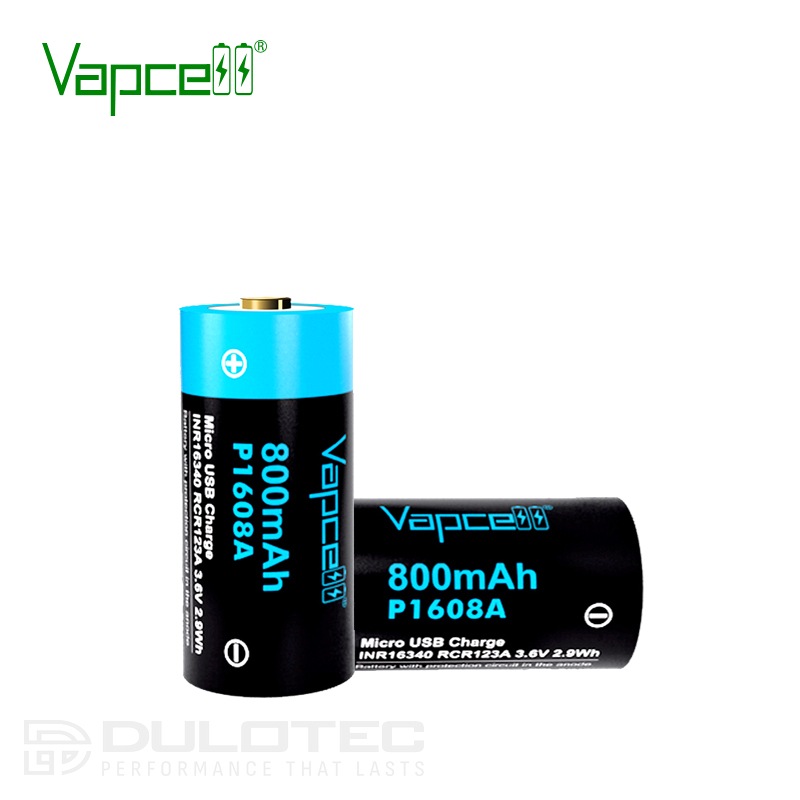 „Vapcell P1608A“ 16340 800 mAh baterija su apsauga ir „Micro USB“ įkrovimu » Dulotec.LT