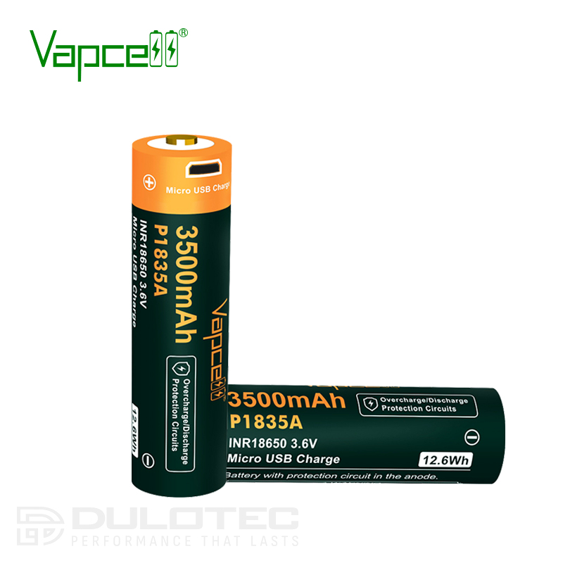 „Vapcell P1835A“ 18650 3500 mAh 10 A akumuliatorius su apsauga ir „Micro USB“ įkrovimo jungtimi » Dulotec.LT