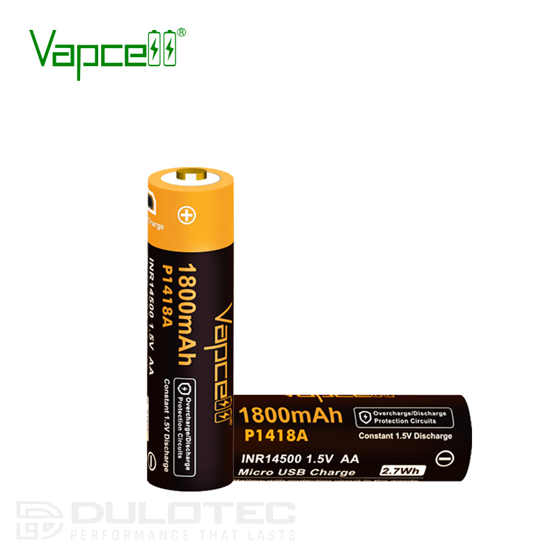 „Vapcell P1418A“ 14500 1800 mAh 1,5 V baterija su apsauga ir „Micro USB“ įkrovimo funkcija » Dulotec.LT
