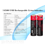 „Vapcell P1409A“ 14500 950 mAh baterija su apsauga ir „Micro USB“ įkrovimo jungtimi » Dulotec.LT