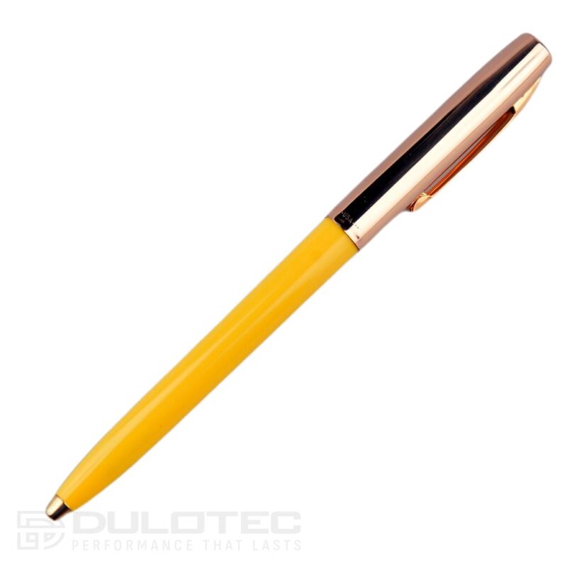 „Fisher Space Pen Cap-O-Matic“ rašiklis su žalvario dangteliu ir geltonu korpusu, modelis 775G-Y, dovanų dėžutėje » Dulotec.LT