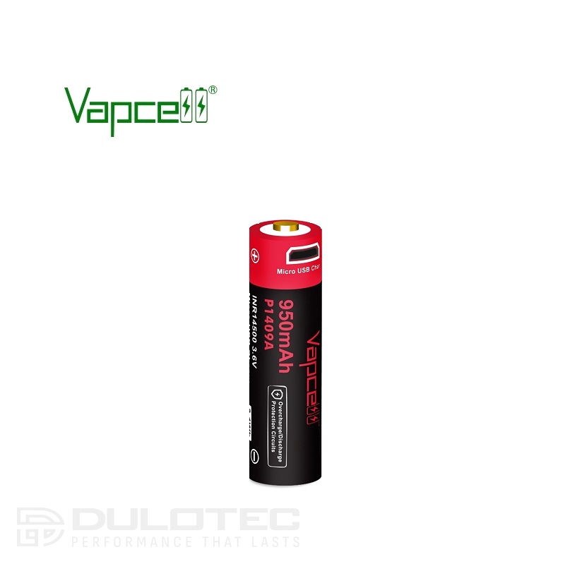 „Vapcell P1409A“ 14500 950 mAh baterija su apsauga ir „Micro USB“ įkrovimo jungtimi » Dulotec.LT