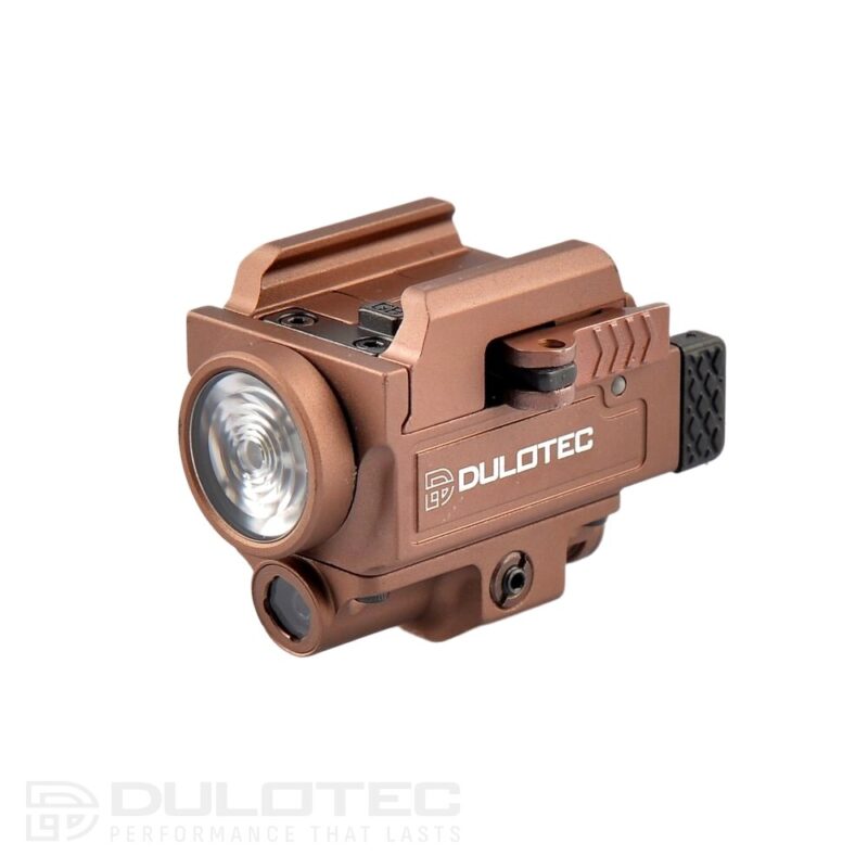 „Dulotec G3“ rudos spalvos pistoletinis žibintuvėlis – montuojamas po vamzdžiu, su žaliu lazeriniu taikikliu » Dulotec.LT