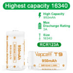 „Vapcell“ 16340 T9 950 mAh 3A baterija » Dulotec.LT